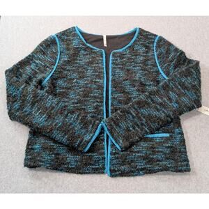 Willow Clay Jacket Women M Gray Blue Boucle Knit Open Front Trim Old Money Artsy